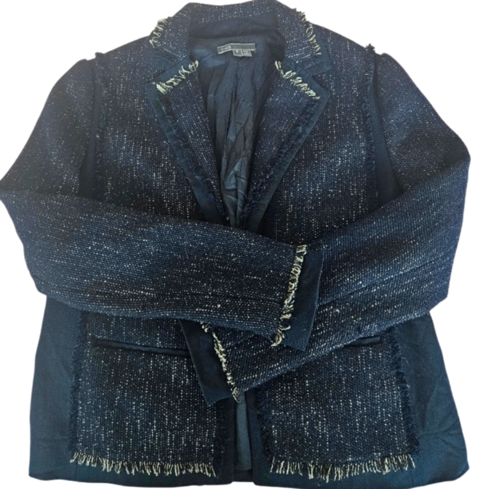 Vince Women's Navy Blue Soft Bouckle Fringe Tweed Blazer - Picture 4 of 10